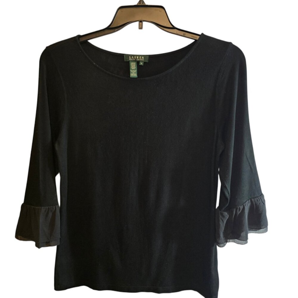LAUREN RALPH LAUREN BLACK CREWNECK TOP RUFFLE 3/4 SLEEVE SIZE MEDIUM